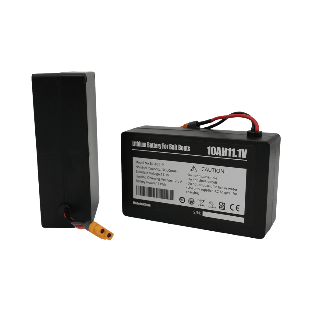 Sailvvay UK C-Series 10Ah Lithium Battery for bait boats, 11.1V, black casing with warning labels and connectors.