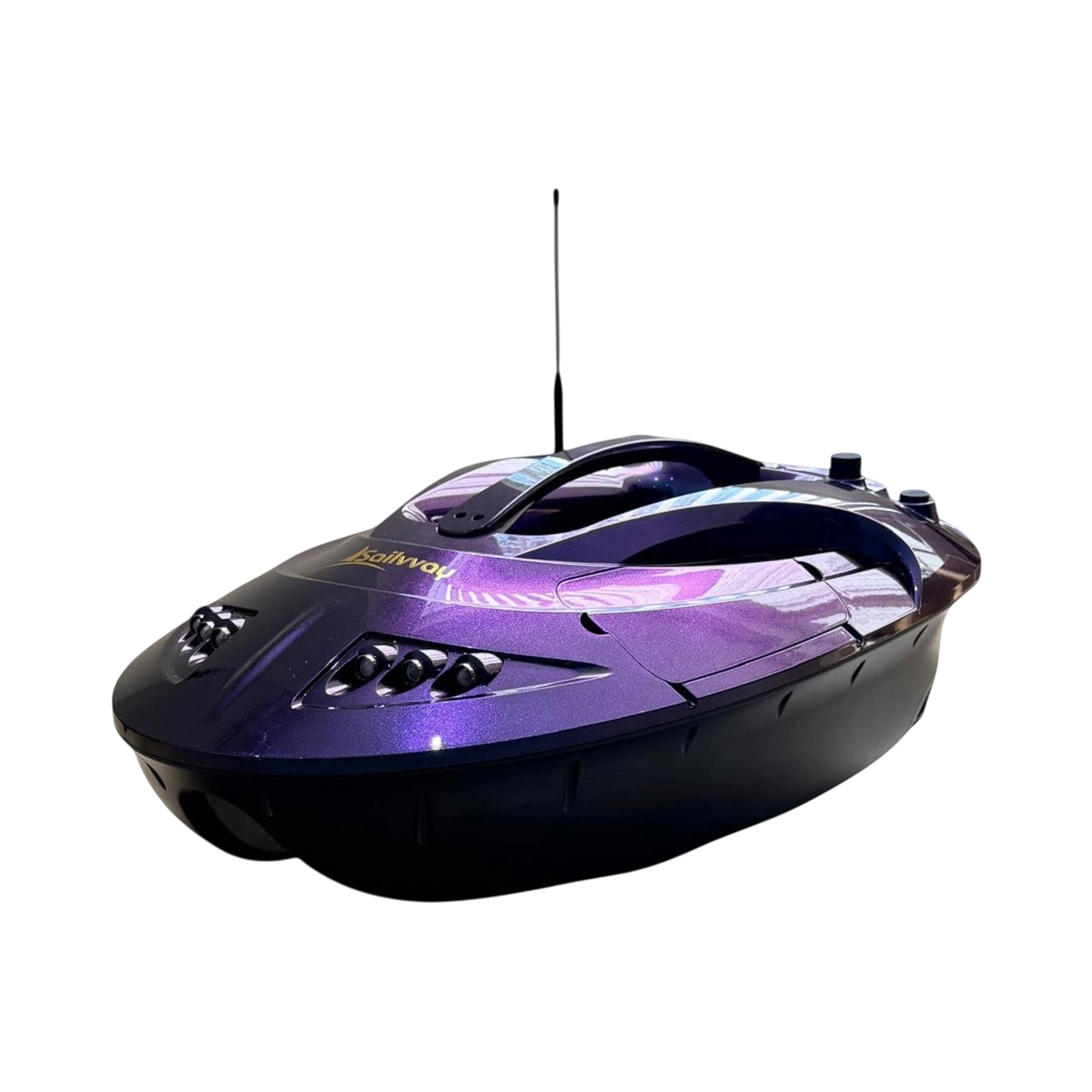 Sailvvay UK C-Series bait boat in metallic purple with black base, featuring GPS and sonar technology for precise bait placement.