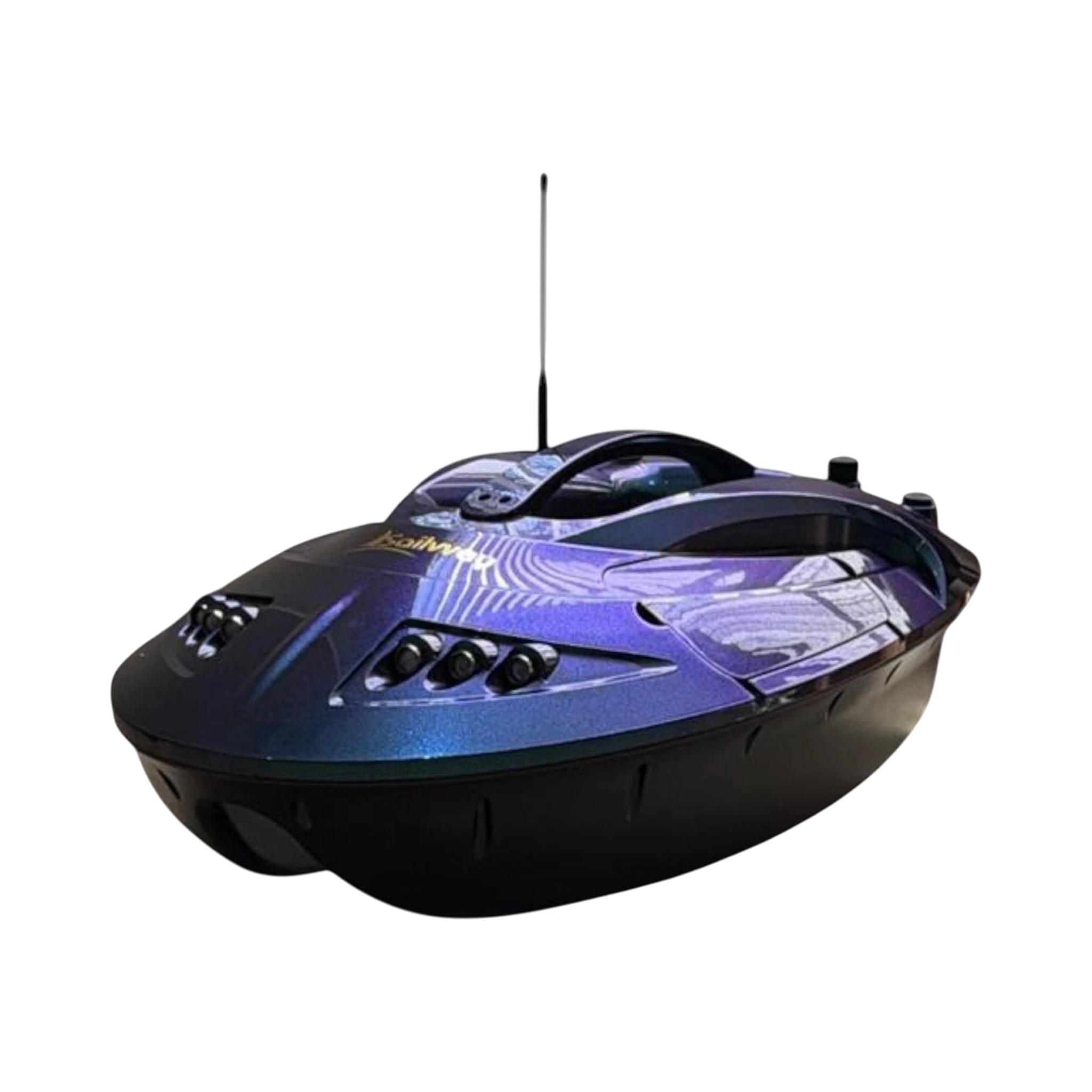 Sailvvay UK C-Series bait boat in iridescent purple and black, featuring a sleek design with an antenna and multiple lights.
