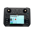 Sailvvay UK C-Series remote controller with carbon fiber pattern, featuring dual joysticks, a central screen displaying GPS data, and various function buttons.