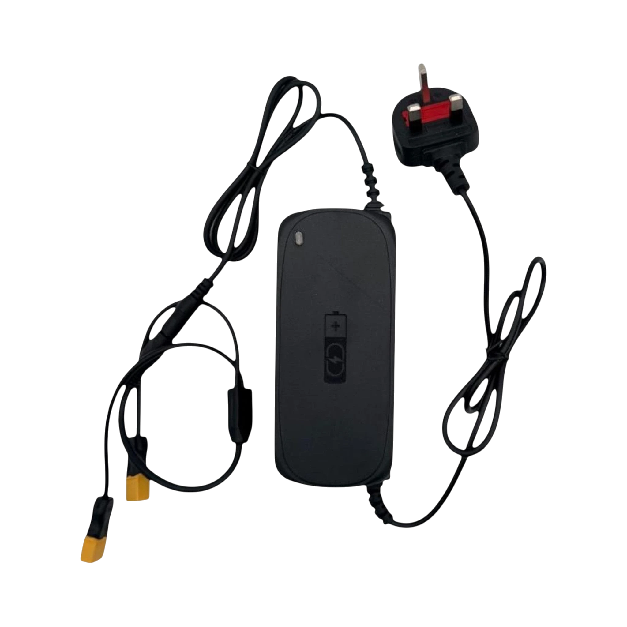 Sailvvay UK M-Series battery charger with UK plug and two yellow connectors for bait boats.