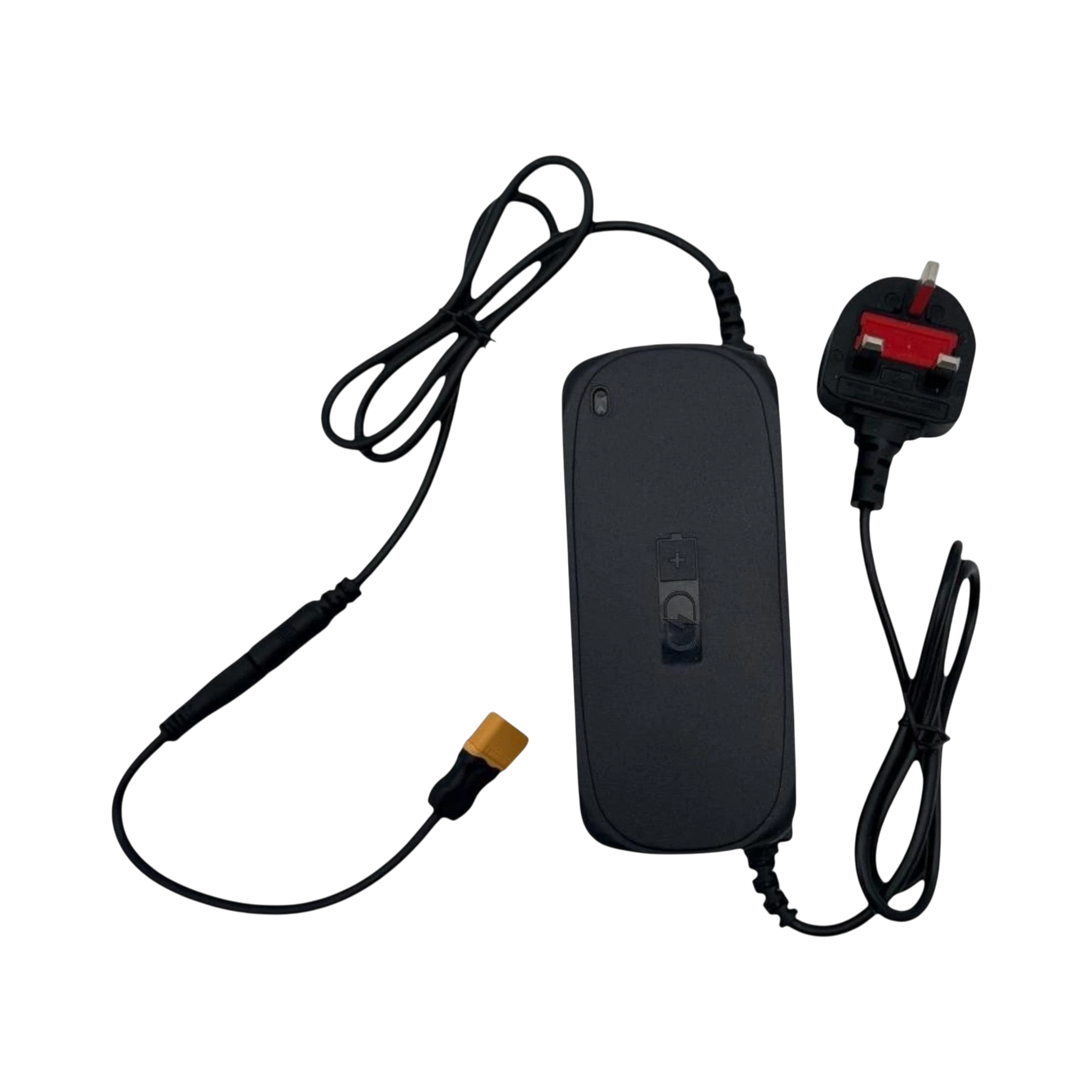 Sailvvay UK X-Series bait boat battery charger with UK plug and yellow connector.